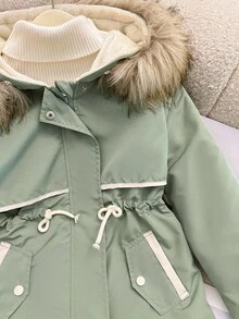 1 Stück Mädchen Farbblock Gepolsterte Jacke, Fleece Futter, Kapuze, Kunstfell Kragen, Reißverschluss, Taille, große Taschen, Winter