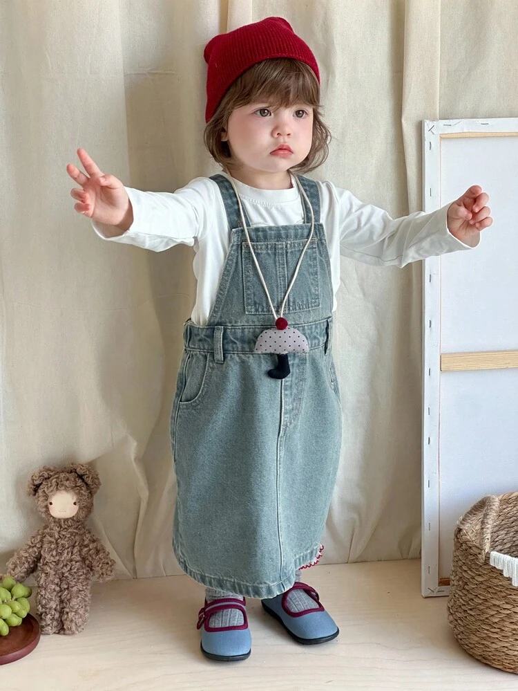 Baby Girls Solid Color Washed Casual Korean Style Denim Jumpsuit Dress Fall,Winter Toddler Girls Clothes