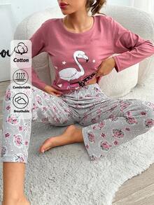 EURMUSE 100% Cotton 2Pcs  Animal Printed Homewear Pj Set - Dusty Pink - View 1
