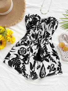Soleia 女士度假植物印花扭纹前胸抹胸连体衣 - 黑與白 - 查看 5