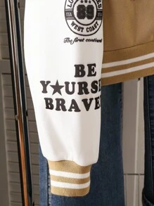 1pc Teen Girl Jacket Baseball Coat, Elastic Striped Cuffs & Collar, Contrast Color Sleeves, Graphic Print Front, Casual Cool Outerwear For Autumn/Winter - Khaki - View 4