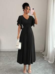 Elenzga Váy dài vừa phải dáng chữ A cổ chữ V thanh lịch, giản dị dành cho nữ, có nút cài, tay loe, thích hợp cho tiệc trà, kỳ nghỉ, đi làm, mùa xuân/hè - màu đen - Xem 1