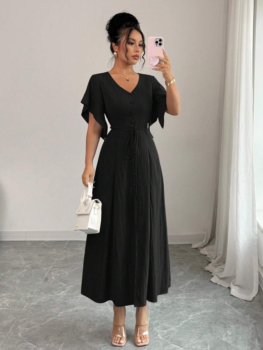 Elenzga Váy dài vừa phải dáng chữ A cổ chữ V thanh lịch, giản dị dành cho nữ, có nút cài, tay loe, thích hợp cho tiệc trà, kỳ nghỉ, đi làm, mùa xuân/hè - màu đen - Xem 1