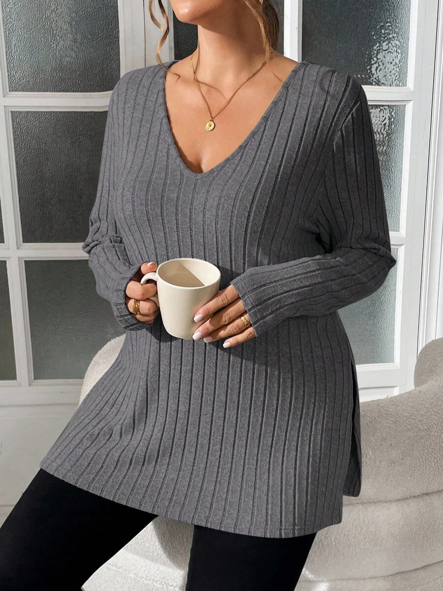 SHEIN Essnce 加大码女式秋季长袖 T 恤，长袖 T 恤，长袖女式上衣，冬季服装，高个子女式，女式开叉上衣，冬季上衣，圣诞衬衫，秋季服装，秋季女式上衣，针织衬衫，秋季衬衫，长袖女式 - 深灰色 - 查看 1