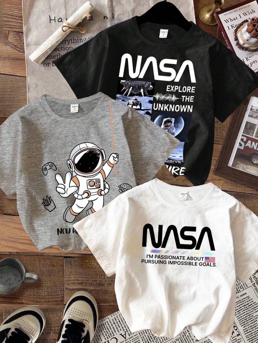 SHEIN Leap Crew 3pcs/Set Young Boy Casual Minimalist Round Neck Short Sleeve T-Shirt, Suitable For Summer, School, Campus, College - Multicolor - View 1