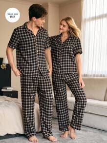 SHEIN 女士复古格子印花撞色边短袖和裤子睡衣套装，适合夏季和秋季 - 黑色 - 查看 8