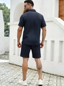 Manfinity Homme Herren Große Größen Gestreiftes Kurzarm Einreiher Hemd und Shorts Lässig anzug, Sommer - Verschiedenfarbig - Übersicht 5