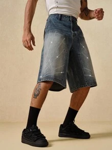 ROMWE MEN Street Life Men's Loose Fit Rhinestone Embellished Pocket Wide Leg Casual Denim Shorts - Blue - View 5