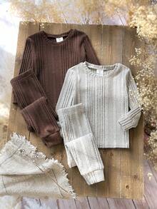 SHEIN 4pcs/Set Kids Casual Crew Neck Ribbed Knit Pajama Set,Autumn,Family Matching Sibling Outfits Snug Fit Girls Sweater Sets Comfortable & Warm Loungewear - Multicolor - View 1