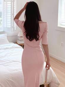 DAZY Váy dài vừa phải thanh lịch, xẻ tà vai, ôm sát, xẻ tà bên hông dành cho nữ - Hồng - Xem 5