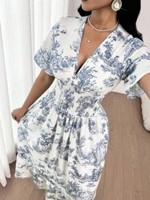 SHEIN Lady 女士优雅休闲度假通勤蓝白碎花撞色印花修腰V领短袖中长连衣裙春夏秋季装 - 藍白色 - 查看 8