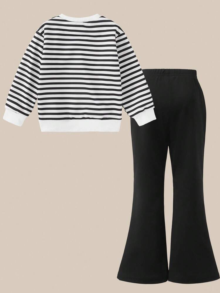 SHEIN Explorewe Conjunto de sudadera a rayas con decoración de lazo y pantalones acampanados para niña, con bolsillos decorativos - Adecuado para deportes, escuela, actividades al aire libre, estilo de otoño e invierno. Conjunto de ropa universitaria y ropa deportiva para la temporada de regreso a clases 2025 - Rosa - Añade 2
