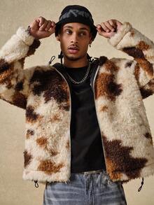 ROMWE MEN Street Life Men's Animal Print Long Sleeve Zip Front Hooded Fleece Jacket , Fall Winter - Burgundy - View 6