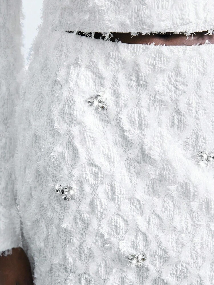 SHEIN Maija 2025 Women's White Rhinestone Embellished Skirt Business Casual,Fall Clothes For Women, Autumn Clothes, Winter Clothes,  Halloween, Christmas Women's Clothing,  Party, Elegant Party Dresses, Wedding Guest Dress For Women, White Skirt, Claw-Set,Beauty