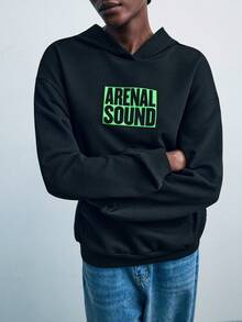 Maija SHEIN X Arenal Sound ArenalSound 女式标语印花落肩宽松口袋连帽衫黑色连帽衫女士连帽衫必备款图案连帽衫秋冬女装 - 黑色 - 查看 4