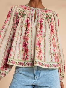 Travachic Chemise femme à manches longues avec imprimé placé tissé