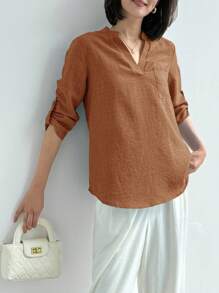 EMERY ROSE 女式春季印花缺口领 3/4 袖衬衫、工作衬衫