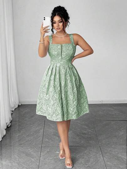 Elenzga Vestido de tirantes casual de estilo vacacional para mujer talla grande con diseño de cintura en tejido jacquard con textura y escote en V