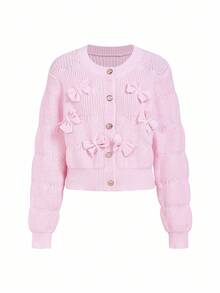 Ellevyn Women's Elegant Pink Long Sleeve 3D Bow Knit Sweater, Suitable For Dates, Vacations, Outings And Multiple Occasions In Autumn/Winterwedding Guest Dress Women