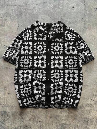 AXEPEAK 秋冬大码男士钩针短袖针织上衣