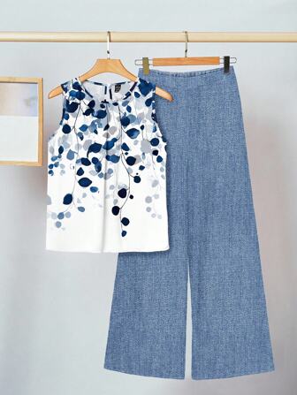 SHEIN Clasi 2pcs Women's Blue Leaf Pattern & Denim Print Outfit, Comfortable And Suitable For Everyday Wear