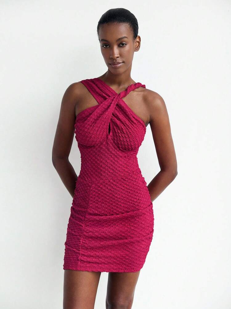 SHEIN Maija Women's Solid Color Textured Fabric Criss-Cross Backless Mini Dress,Dresses For Women Summer,Vacation Outfits