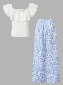 Bộ 2 món họa tiết hoa cho bé gái: Áo crop top nhún bèo và quần ống rộng họa tiết hoa, thích hợp cho đám cưới, phong cách dễ thương, thiết kế họa tiết hoa/trang trí một phần - Nhiều màu - Xem 2