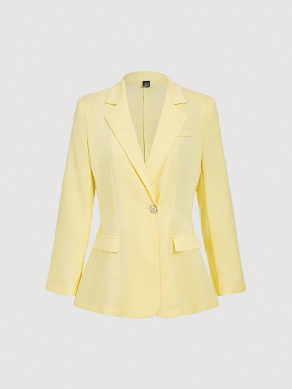 SHEIN MOD Women's Casual Lapel NeckYellow Metal Button Wide Shoulder Blazer In Fall/Winter