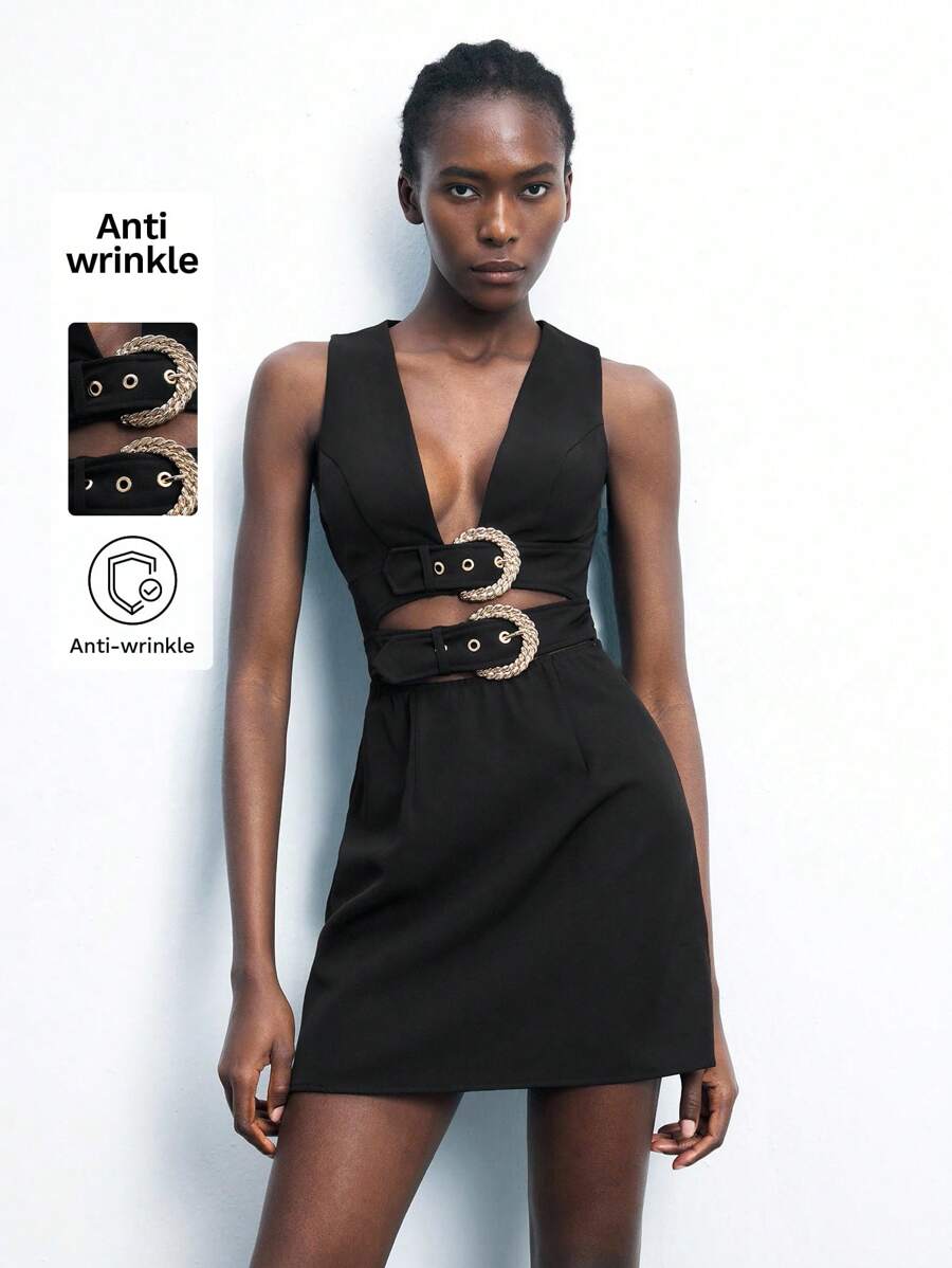 Maija 女士纯色镂空腰部索环扣无袖时尚迷你连衣裙，复古风格适合圣帕特里克节、春假、复活节 - 黑色 - 查看 1