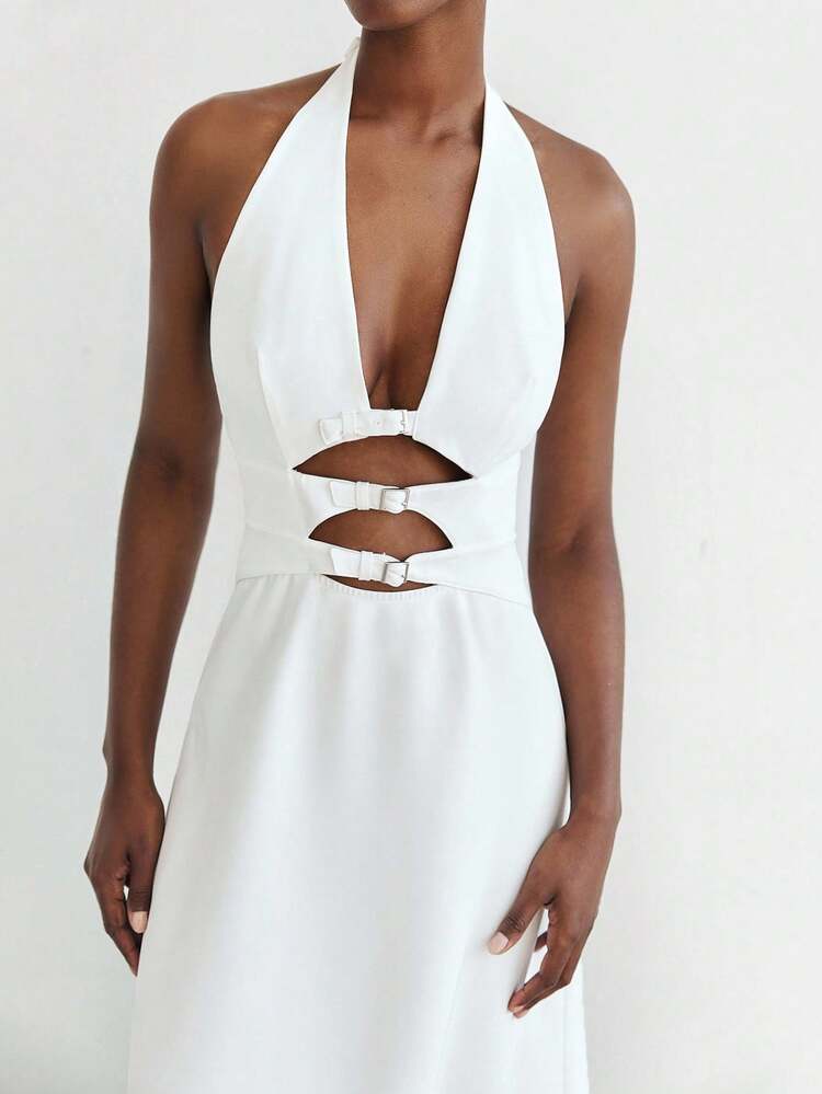 SHEIN Maija Damen Einfarbiges Kleid mit tiefem V-Ausschnitt, ausgeschnittenem Rücken