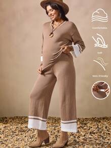Boho Mama 2pcs Maternity Casual Loose Fit Long Sleeve Knitted Sweater Top And Wide Leg Pants Set ,Fall Women Clothes,Fall Outfits For Women