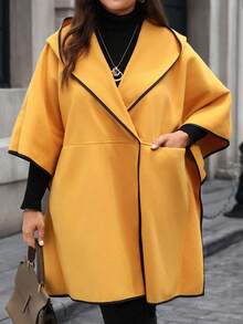 EMERY ROSE Plus Size Autumn/Winter Fashion Color Block Trim Hooded Overcoat, Casual Minimalist Style For Everyday Wear,Going Out, Suitable For Autumn And Winter Fall - Yellow - View 3