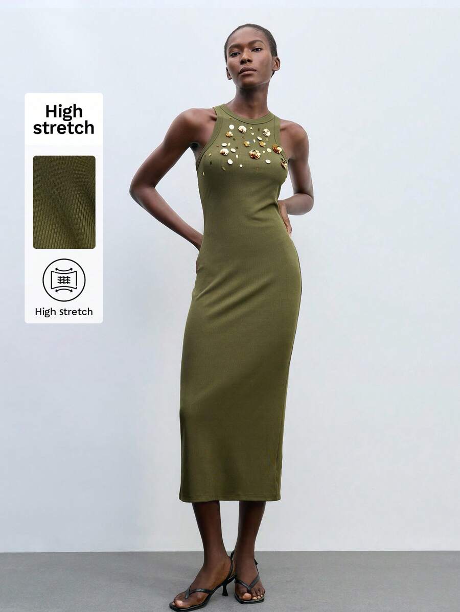 Maija Women's Long Solid Color Dress, Fashionable For Summer Olive Green Dress Army Green Dress Sequin Dress Gold Sequin Dress Floral Applique Dress