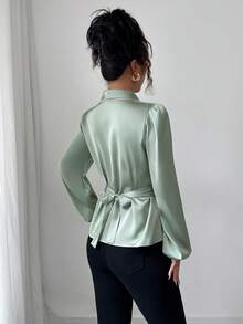 Elenzga 女式秋季编织不对称荷叶边收腰灯笼袖优雅休闲衬衫 - 綠色 - 查看 2