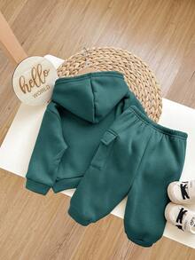 2pcs/Set Baby Boy Cute Dark Green Hoodie Sweatshirt And Elastic Waist Cargo Pants Set, Autumn/Winter Fall - Dark Green - View 2