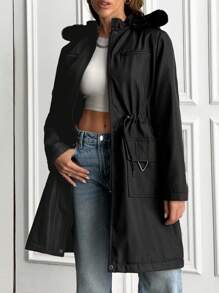 EURMUSE Parka d'hiver avec capuche bordée de fausse fourrure, col montant, poches zippées multiples, taille ajustable et fermeture à boutons-pression devant. Vêtement d'extérieur chaud et pratique - Noir - Voir 3