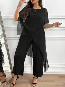 Reflora Plus Size Elegant Commuter Solid Color Asymmetric Hem Top And Pants 2 Pieces Set,Fall Clothes For Women - Black - View 4