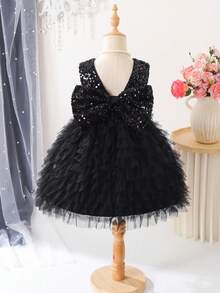 Elladie kids Gonna a strati con decorazioni di fiocchi e paillettes, adatta per feste, compleanni, festival, esibizioni, matrimoni e altre occasioni formali - nero - Visualizzare 3