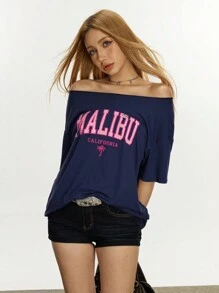 Rina Fox 女士字母印花露肩落袖宽松休闲 T 恤