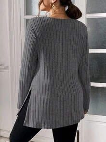 SHEIN Essnce 加大码女式秋季长袖 T 恤，长袖 T 恤，长袖女式上衣，冬季服装，高个子女式，女式开叉上衣，冬季上衣，圣诞衬衫，秋季服装，秋季女式上衣，针织衬衫，秋季衬衫，长袖女式 - 深灰色 - 查看 2
