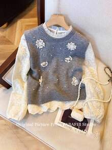 SHEIN Frenchy 女式圆领无袖串珠休闲针织套头衫 - 淺灰色 - 查看 7