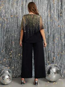 Gownix Plus Size Women Elegant And Romantic Anti-Sequin Printed Top And Wide Leg Pants 2 Pieces Set,Old Money Style Women,Business Casual Woman,Teacher Outfits For Women,Teacher Outfits For Women,Back To School Clothes,Office Outfits For Women,Lounge Sets For Women,Work Clothes Women,Button Up Shirt Women,Teacher Shirts,Work Outfits For Women,Teacher Outfits,Work Pants,Modest,Classy,Work Tops,Set For Wedding Guest,Wedding Guest Set,Wedding Guest Set Elegant,Mother Of The Bride Set,Wedding Guest,Formal Set For Wedding Guest,2025 New,Fall Clothes For Women,Winter Clothes For Women,Fall Clothes Plus Size ,Winter Clothes,Autumn, Winter Outfit For Women,Night Out,Going Out Outfit , Old Money Style Women,Suitable For Multiple Occasions,Halloween, Homecoming,Christmas,Business Casual Woman,Business Casual Outfits Women,Business Casual Woman Curve, Teacher Clothing, Business Commuting,Halloween,Christmas,2025 New - Black - View 6