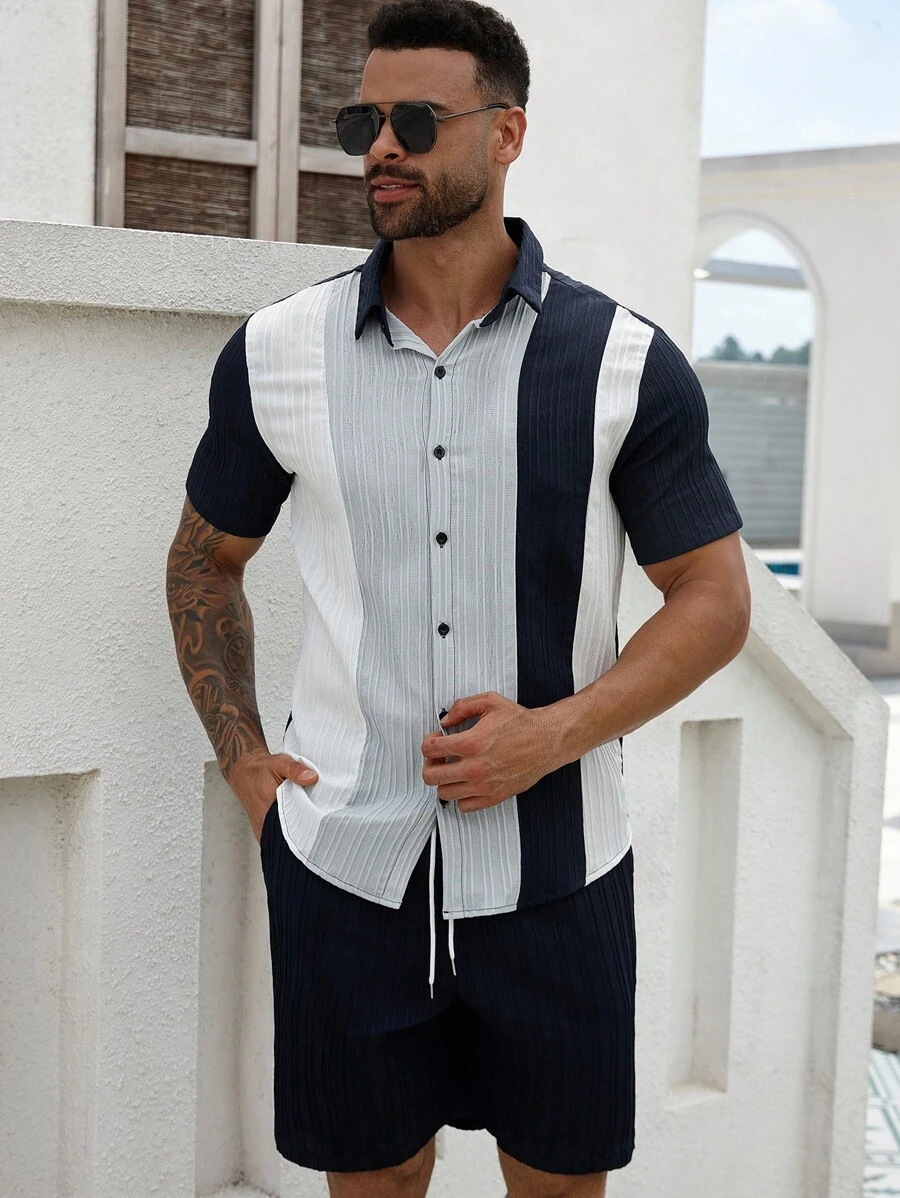 Manfinity Homme Herren Große Größen Gestreiftes Kurzarm Einreiher Hemd und Shorts Lässig anzug, Sommer - Verschiedenfarbig - Übersicht 1