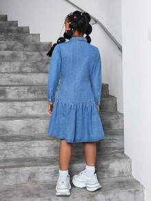 SHEIN Tween Girls Fashion Casual Y2k Vintage Cool Street Returns To School College Short Denim Long-Sleeved Shirt Dress With A Deep And Light Blue Color Contrast Design For Tween Girl Clothes Tween Girls Costume Dailywear And Tween Girl Winter And Fall Rave Outfits Festival And Outfits Streetwear School Clothes