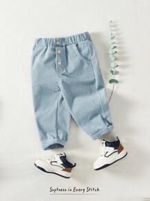 Cozy Pixies Baby Boy Elastic Waist Casual Pants With Decorative Buttons - Blue - View 3