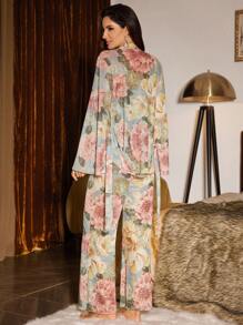 Slumberist 女士时尚花卉印花系带吊带背心和睡袍睡衣套装 - 彩色 - 查看 2