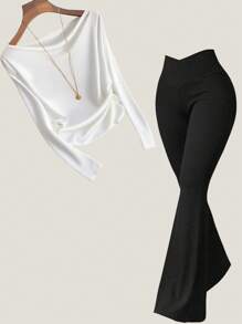 Franclia 时尚法式单肩长袖收腰白色上衣，秋冬女式T恤，秋季返校季长袖T恤，夏季假期阳光之旅度假风，全白设计，适合大学休闲春秋季穿着。 - 白色 - 查看 5