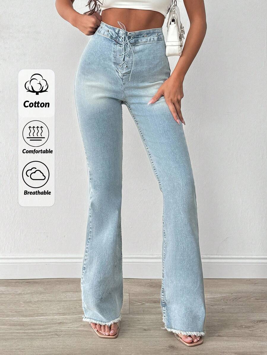 RueChic 磨边撞色正面开襟喇叭腿牛仔裤