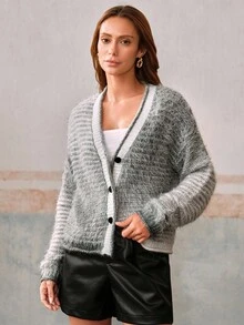 Anewsta Cardigan tricotat cu degradeuri de culori contrastante la modă toamnă/iarnă