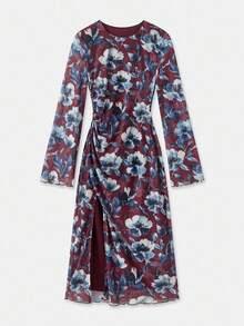 lacRébo 勃艮第红花卉网眼紧身中长连衣裙，长袖和侧开衩，教师装，办公室装，商务休闲装 - 彩色 - 查看 7